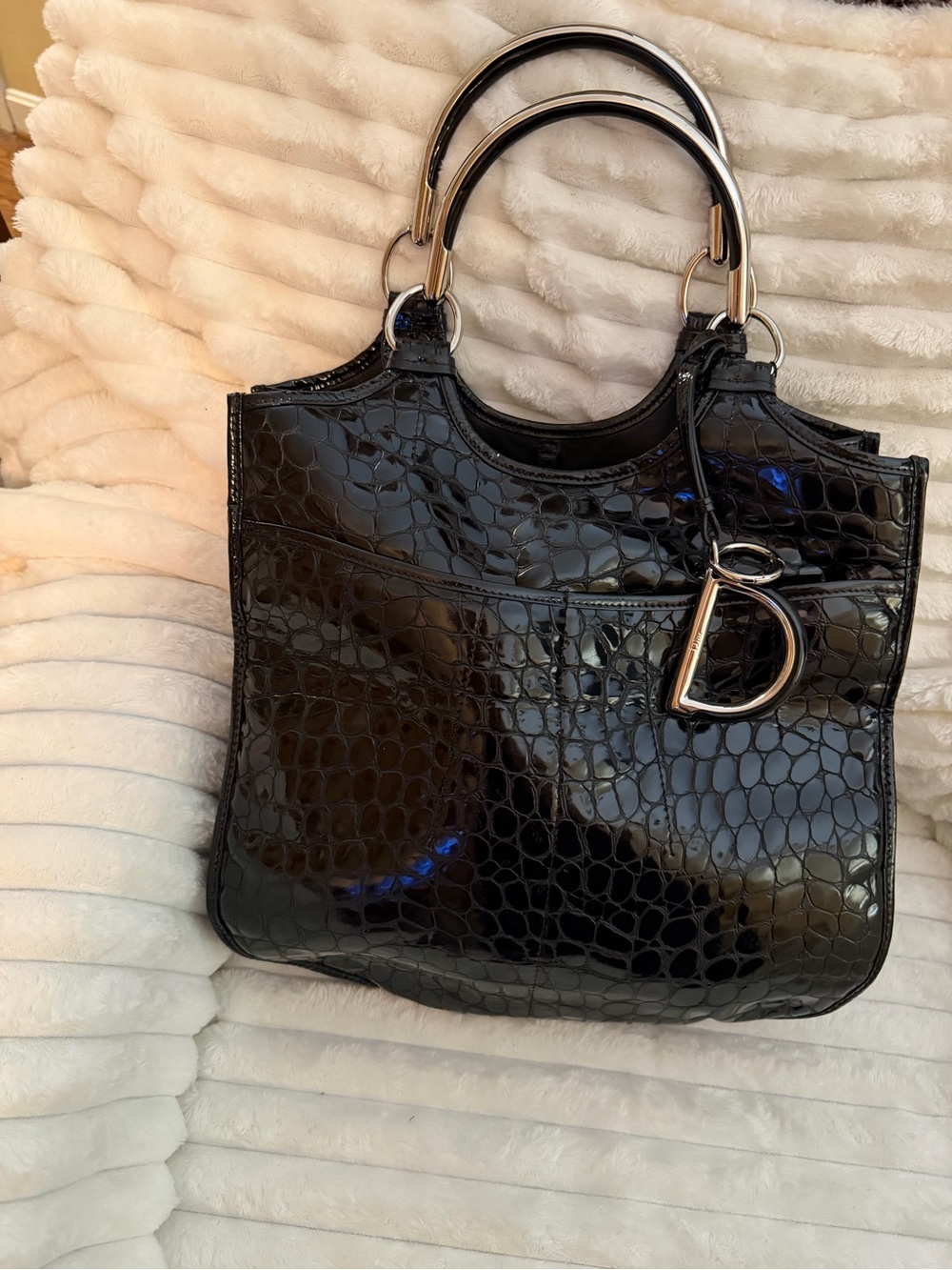 2008 Dior Black Croc-Embossed Patent Leather Satchel 61 Tote